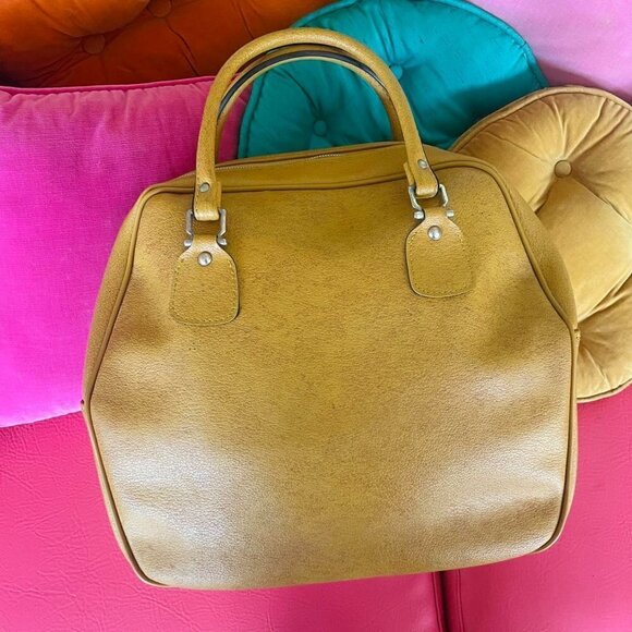 Vintage AIRWAY INDUSTRIES Vintage 60s bowler bag Yellow/Tan Mod Vinyl Satchel - Picture 2 of 7